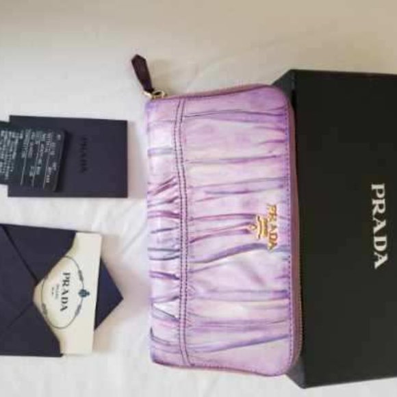 Prada metelasse leather wallet beige pink purple gray ivory blue tiedyed edition
